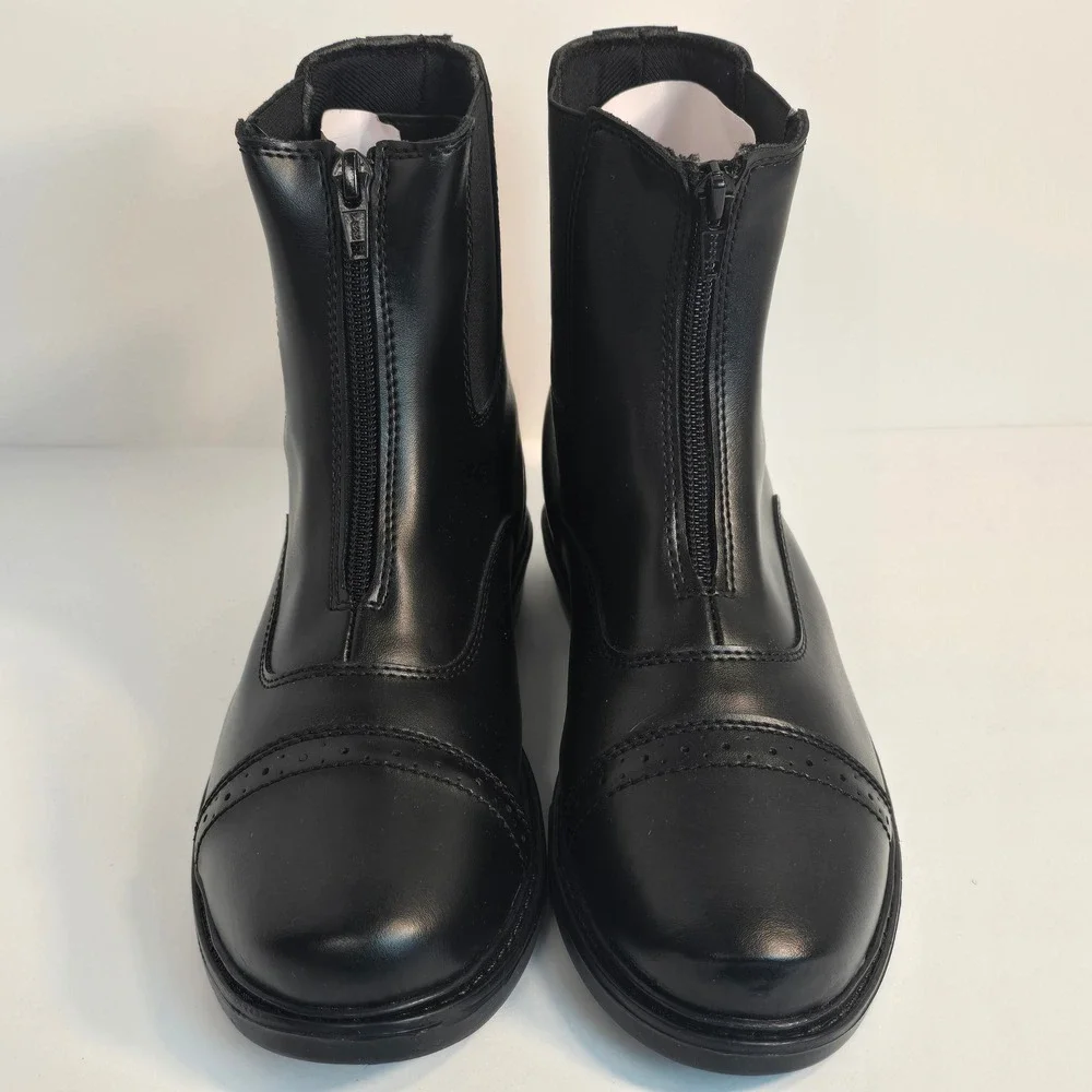 Black Leather Front Zip TUFF Rider Paddock Boots with Punched Toe Cap Detail